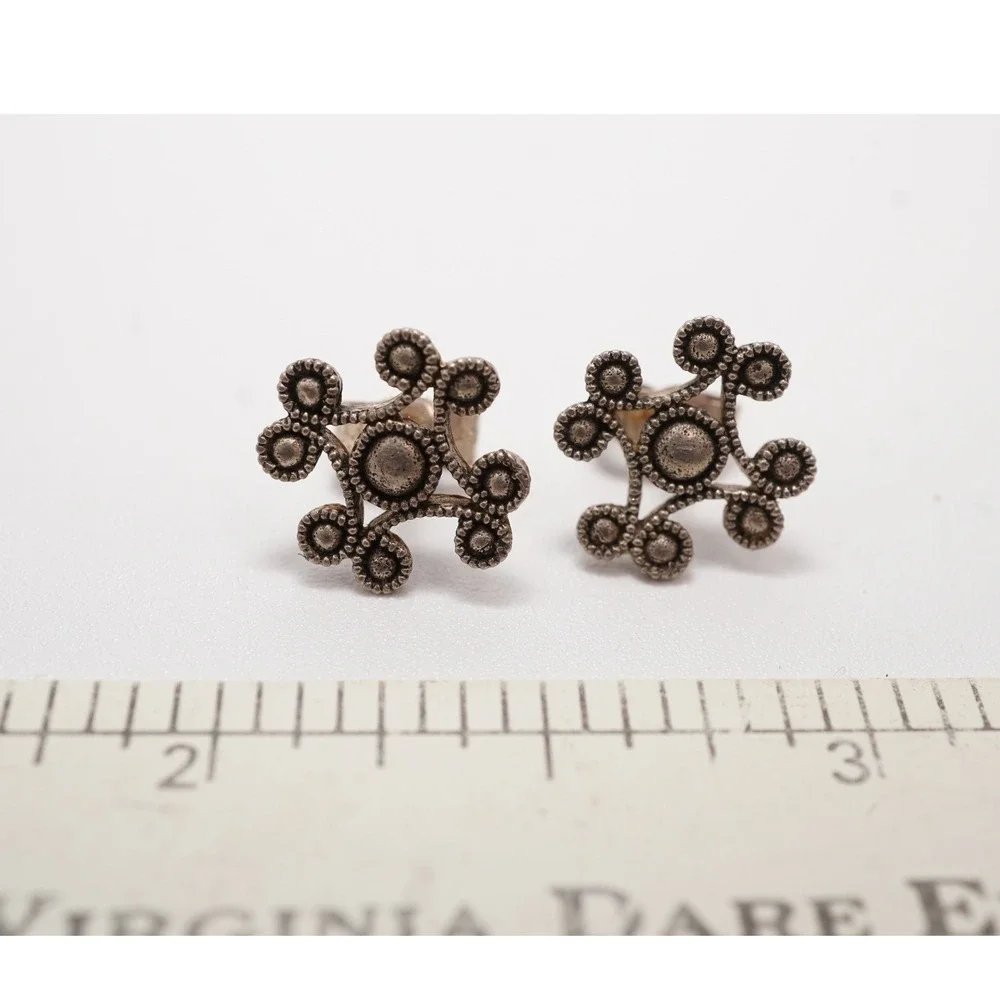 Vintage Sterling Silver Geometric Floral Stud Earrings Beaded Boho Snowflake